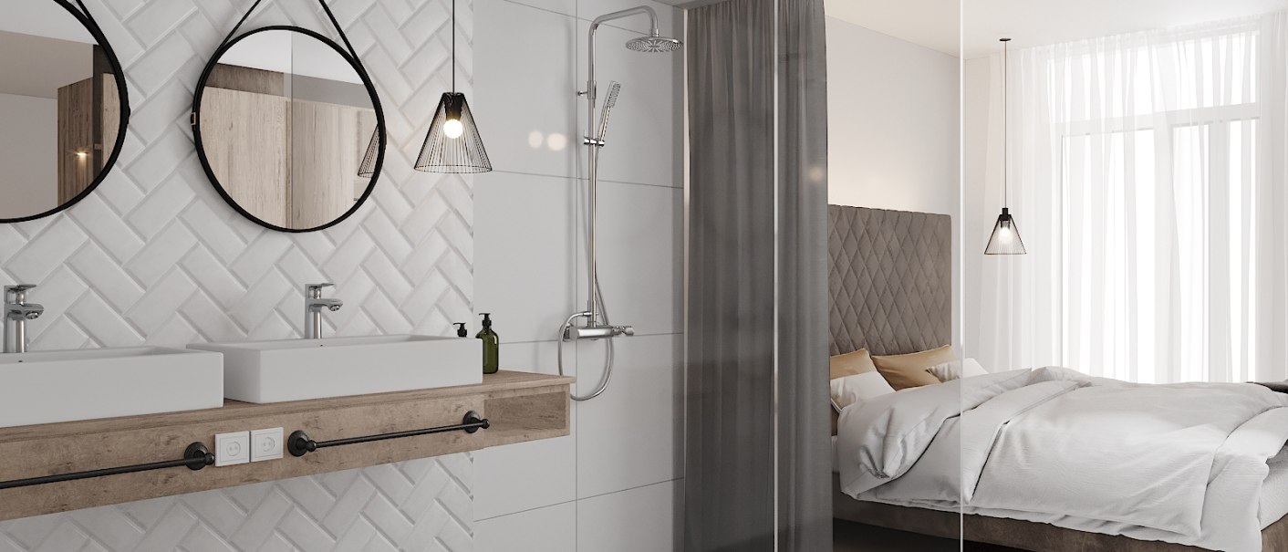 Modernes Badezimmer mit zwei runden Spiegeln, Doppelwaschbecken und Glaswand zum Schlafzimmer. Helle, minimalistische Einrichtung., © LOOM Hotel & Skybar Modernes Badezimmer mit zwei runden Spiegeln, Doppelwaschbecken und Glaswand zum Schlafzimmer. Helle, minimalistische Einrichtung., © LOOM Hotel & Skybar