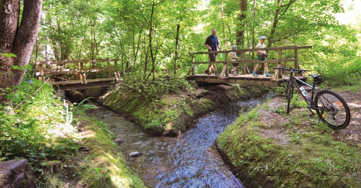 Eine Familie überquert eine Holzbrücke über einen Bach im Wald. Ein Fahrrad steht am Ufer. Die Umgebung ist grün und sonnig., © Natur.Nah. Schönbuch & Heckengäu Eine Familie überquert eine Holzbrücke über einen Bach im Wald. Ein Fahrrad steht am Ufer. Die Umgebung ist grün und sonnig., © Natur.Nah. Schönbuch & Heckengäu