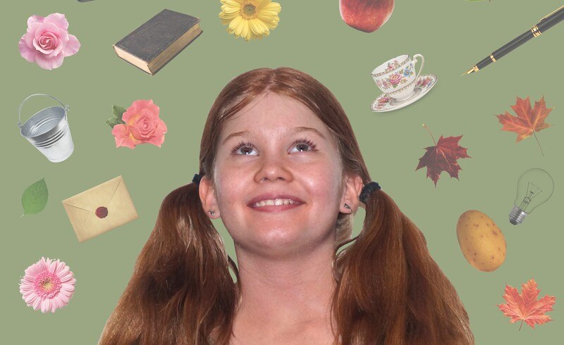 Mädchen mit roten Zöpfen blickt lächelnd nach oben. Um sie herum schweben Symbole wie Blumen, ein Buch, eine Tasse und Blätter auf grünem Hintergrund., © DAT Kunstschule Mädchen mit roten Zöpfen blickt lächelnd nach oben. Um sie herum schweben Symbole wie Blumen, ein Buch, eine Tasse und Blätter auf grünem Hintergrund., © DAT Kunstschule