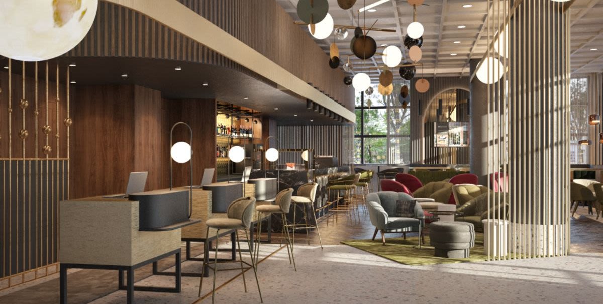 Moderne Hotel-Lobby mit eleganter Einrichtung, stilvollen Möbeln und dekorativer Beleuchtung. Große Fenster lassen viel Licht herein., © Pullman Stuttgart Fontana Moderne Hotel-Lobby mit eleganter Einrichtung, stilvollen Möbeln und dekorativer Beleuchtung. Große Fenster lassen viel Licht herein., © Pullman Stuttgart Fontana