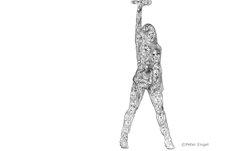 Zeichnung einer Frau mit erhobenem Arm, aus vielen kleinen Gesichtern geformt. Schwarz-weiß, minimalistisch., © Kultur- und Sportamt Stadt Bietigheim-Bissingen