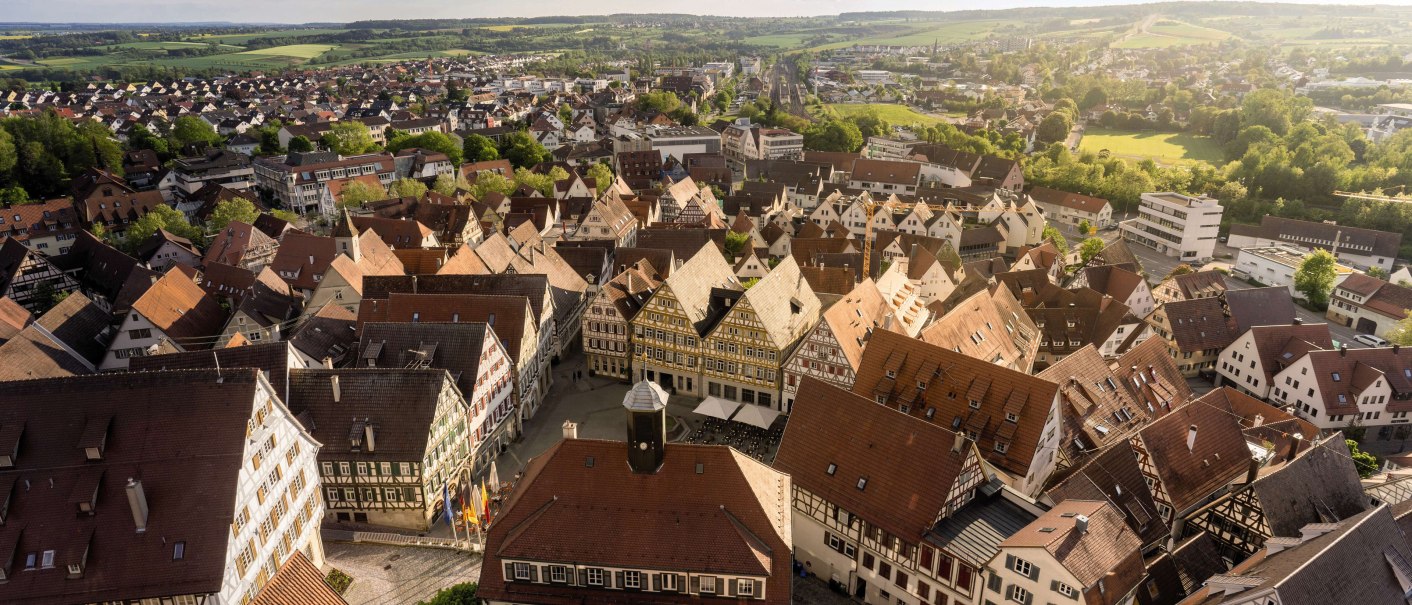 Panoramablick auf Herrenberg mit historischen Fachwerkhäusern und grüner Landschaft im Hintergrund unter einem bewölkten Himmel., © Stuttgart-Marketing GmbH, Martina Denker Panoramablick auf Herrenberg mit historischen Fachwerkhäusern und grüner Landschaft im Hintergrund unter einem bewölkten Himmel., © Stuttgart-Marketing GmbH, Martina Denker