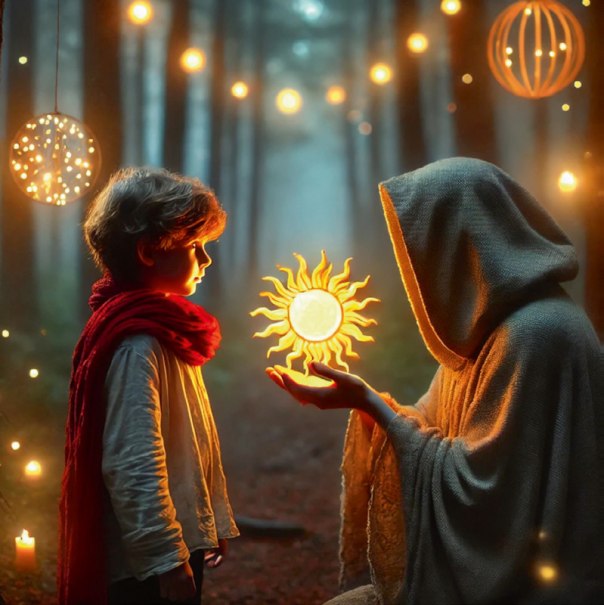 Ein Kind mit rotem Schal steht im Wald vor einer vermummten Gestalt, die eine leuchtende Sonne in den Händen hält. Lichter hängen im Hintergrund., © Stadt Kornwestheim Kulturmanagement