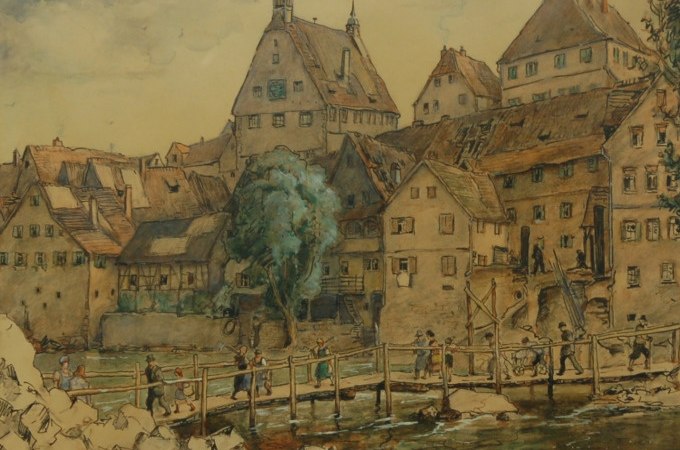 Historische Ansicht von Besigheim mit Fachwerkh&auml;usern und einer Holzbr&uuml;cke &uuml;ber einen Fluss. Menschen &uuml;berqueren die Br&uuml;cke in einer friedlichen Szene., &copy; Stadt Besigheim