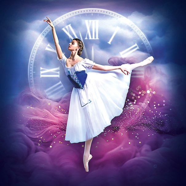 Ballerina in weißem Kleid tanzt vor großer Uhr mit römischen Ziffern, umgeben von lila Wolken und Glitzer., © P.T.F. GmbH-Konzertagentur Friedmann