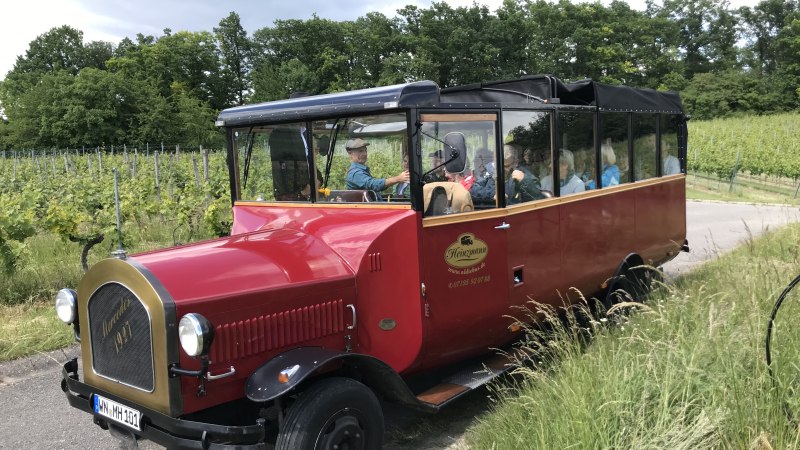 Ein rotes, nostalgisches Fahrzeug f&auml;hrt durch einen Weinberg. Mehrere Personen sitzen darin und genie&szlig;en die Fahrt., &copy; Wolfgang Link
