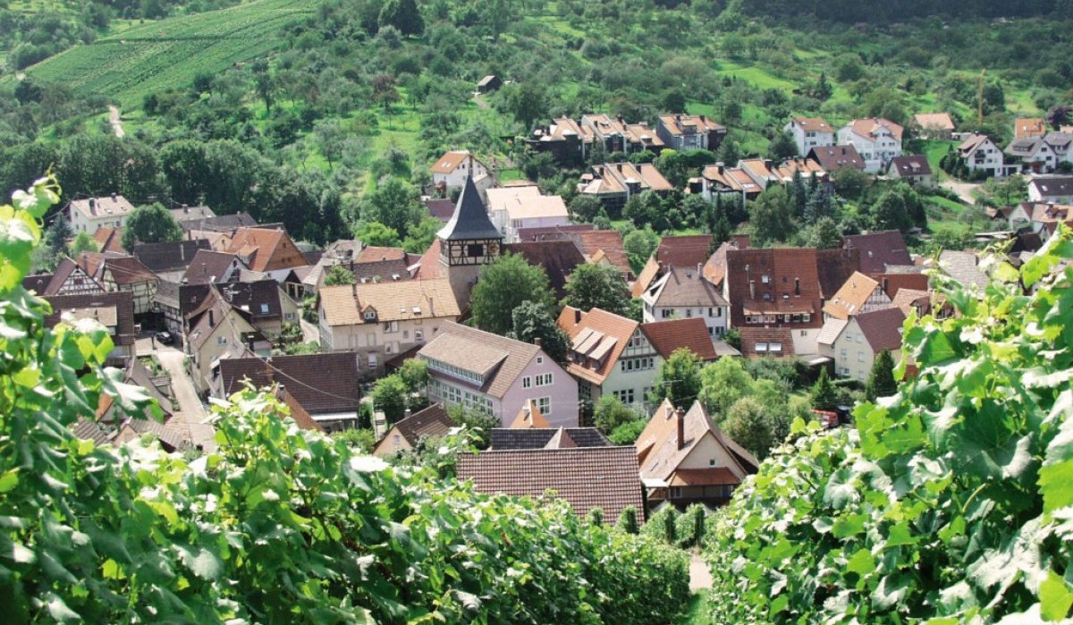 Dorf Strümpfelbach mit roten Dächern, umgeben von grünen Weinbergen und Hügeln., © Stadt Weinstadt Dorf Strümpfelbach mit roten Dächern, umgeben von grünen Weinbergen und Hügeln., © Stadt Weinstadt