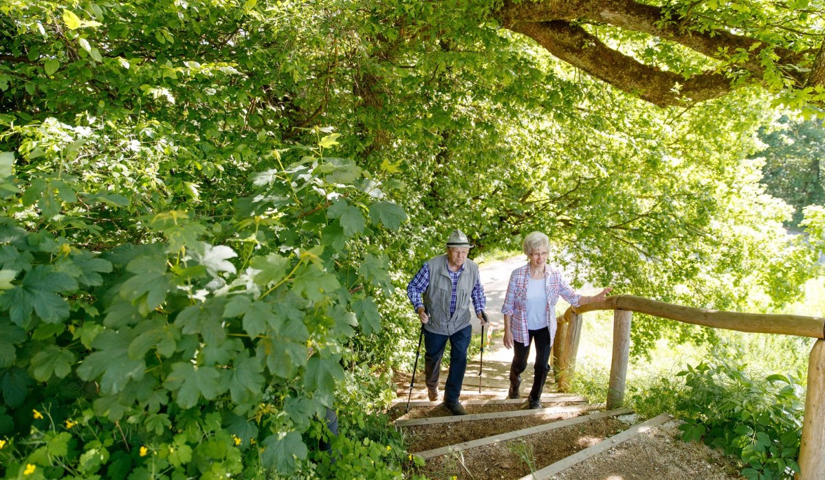 Ein älteres Paar geht einen bewaldeten Pfad hinauf, umgeben von dichtem Laub und Sonnenlicht., © Landkreis Göppingen Ein älteres Paar geht einen bewaldeten Pfad hinauf, umgeben von dichtem Laub und Sonnenlicht., © Landkreis Göppingen