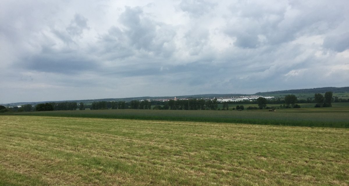 Weite Wiesenlandschaft unter einem bew&ouml;lkten Himmel. Am Horizont ist eine Stadt zu erkennen, umgeben von gr&uuml;nen Feldern und B&auml;umen., &copy; www.pro-cycl.de