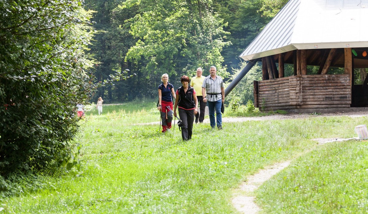 Eine Gruppe von Menschen spaziert auf einer grünen Wiese neben einem Holzgebäude im Wald., © hochgehberge Eine Gruppe von Menschen spaziert auf einer grünen Wiese neben einem Holzgebäude im Wald., © hochgehberge
