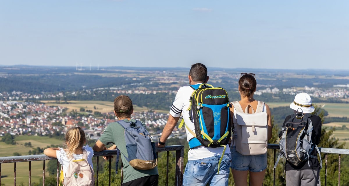 Eine Gruppe von Menschen mit Rucks&auml;cken steht auf einer Plattform und blickt auf eine weite Landschaft mit Feldern und D&ouml;rfern., &copy; Foto Thomas Zehnder