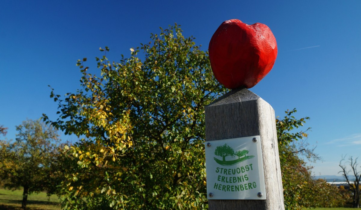 Ein Holzpfosten mit rotem Apfel und Schild 'Streuobst Erlebnis Herrenberg' steht vor einem Baum unter klarem, blauem Himmel., &copy; Natur.Nah. Sch&ouml;nbuch & Heckeng&auml;u