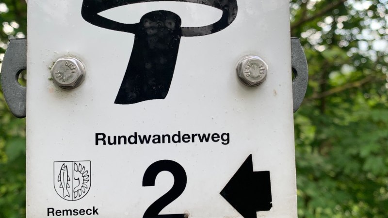 Ein Schild mit einem Pilzsymbol zeigt den Rundwanderweg 2 in Remseck am Neckar an. Der Pfeil weist nach links.