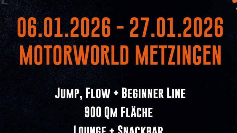 Plakat f&uuml;r den Indoor Bike Park 'erFAHRBAR BikePlace' in der Motorworld Metzingen vom 6. bis 27. Januar 2026. Angebote: Jump, Flow, Beginner Line, Lounge.