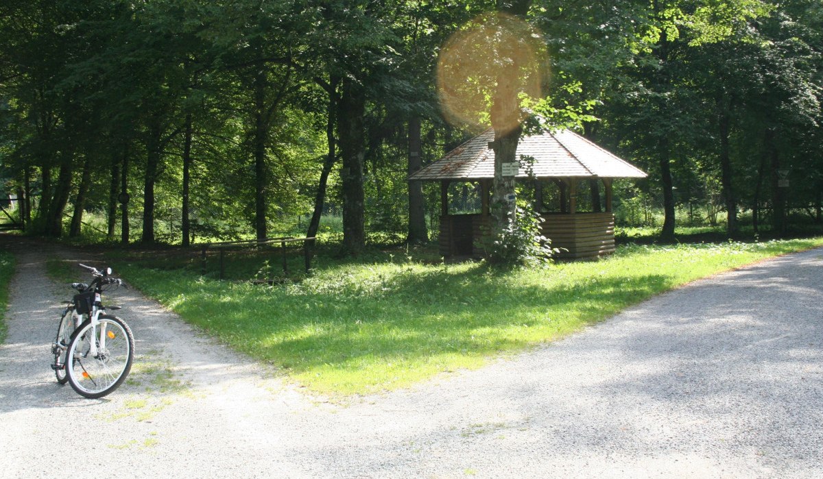 Ein Fahrrad steht auf einem Waldweg. Im Hintergrund ist ein Pavillon zu sehen, umgeben von B&auml;umen und Sonnenlicht., &copy; Natur.Nah. Sch&ouml;nbuch & Heckeng&auml;u