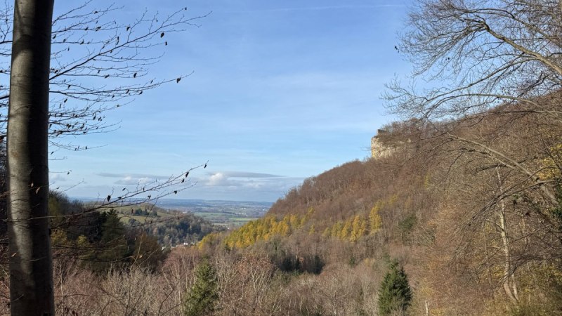Aussicht vom Rosenstein auf Heubach mit herbstlichen B&auml;umen und einer Bank im Vordergrund. Der Himmel ist klar und blau., &copy; Remstal Tourismus e.V.