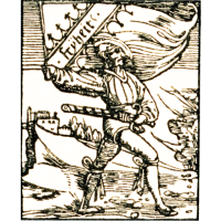 Holzschnitt eines Bauern mit Schwert und Fahne, Aufschrift 'Freyheit', symbolisiert den Bauernaufstand., &copy; Touristik und Marketing GmbH