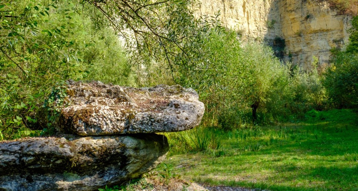 Ein gr&uuml;ner Steinbruch mit &uuml;ppiger Vegetation und gro&szlig;en Felsen im Vordergrund unter blauem Himmel.