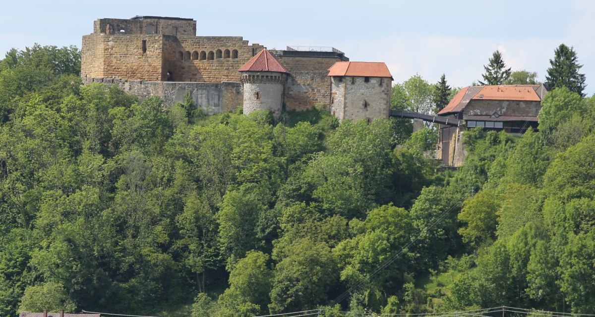 Die Burgruine Rechberg thront auf einem bewaldeten H&uuml;gel, umgeben von B&auml;umen. Im Vordergrund sind D&auml;cher von H&auml;usern zu sehen., &copy; Foto: Walter Laible