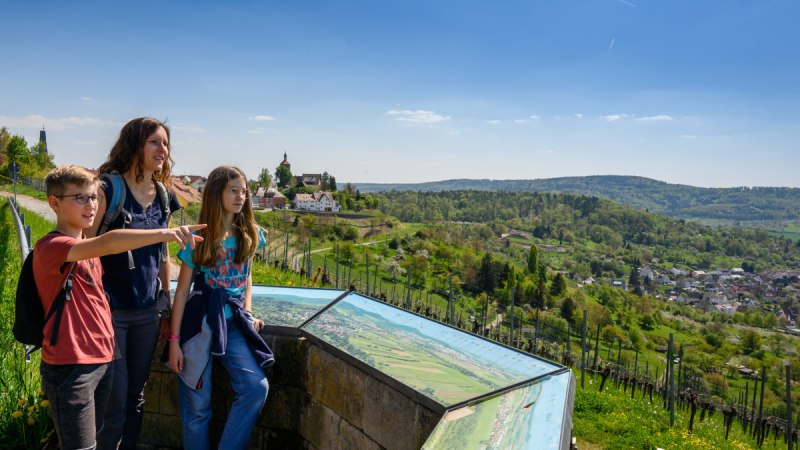 Drei Personen stehen an einem Aussichtspunkt und schauen auf eine grüne Landschaft mit Hügeln und einem Dorf im Hintergrund., © Stadtverwaltung Winnenden Drei Personen stehen an einem Aussichtspunkt und schauen auf eine grüne Landschaft mit Hügeln und einem Dorf im Hintergrund., © Stadtverwaltung Winnenden