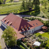 Luftaufnahme eines Gebäudes mit rotem Dach, umgeben von Weinbergen und grüner Landschaft. Ein Garten mit Pergola und Sonnenschirm ist sichtbar., © Collegium Wirtemberg