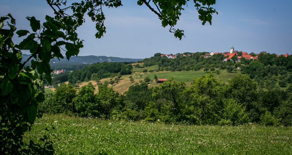 Grüne Wiesen und Bäume rahmen ein Dorf mit roten Dächern und einer Kirche im Hintergrund ein. Der Himmel ist klar und blau., © agentur arcos/Niki Eilers