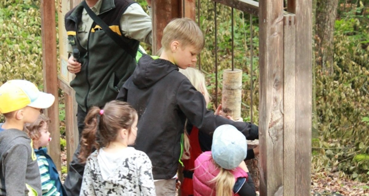 Kinder und ein Erwachsener erkunden eine h&ouml;lzerne Station im Wald. Der Erwachsene tr&auml;gt einen Hut und h&auml;lt ein Fernglas., &copy; Amt f&uuml;r Forsten Landkreis B&ouml;blingen