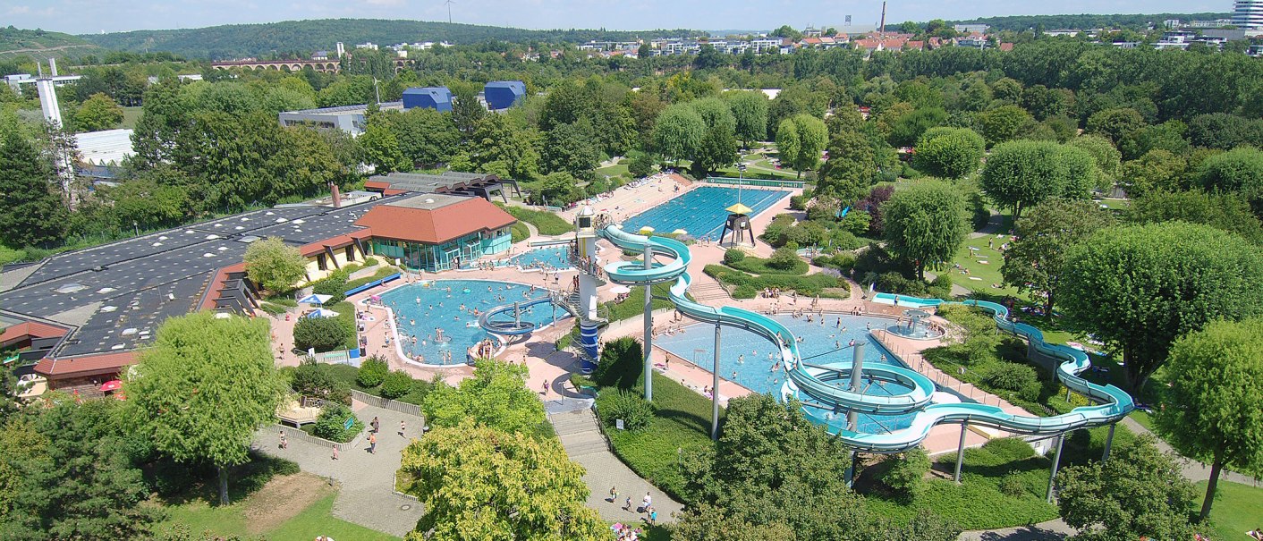 Luftaufnahme des Badeparks Ellental in Bietigheim-Bissingen mit Schwimmbecken, Rutschen und grüner Umgebung., © Badepark Ellental, SWBB