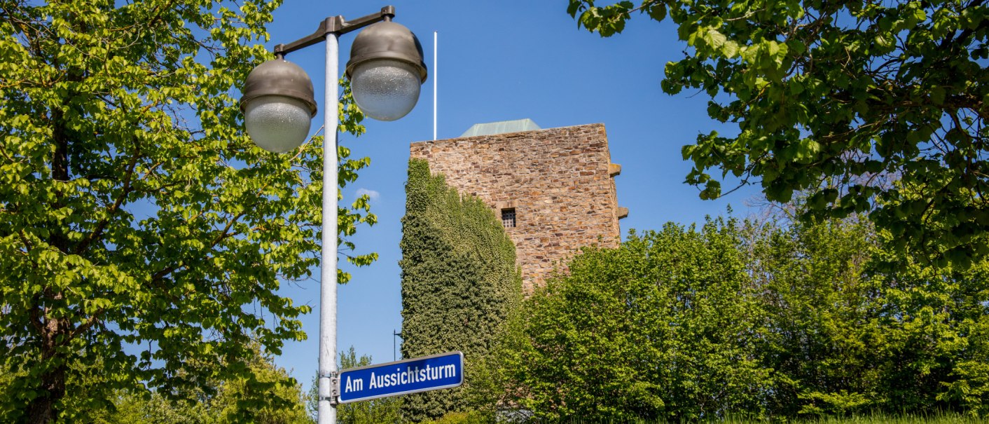 Der Aussichtsturm des Schwäbischen Albvereins in Plochingen ist hinter grünen Bäumen und einer Straßenlaterne zu sehen., © SMG, Achim Mende Der Aussichtsturm des Schwäbischen Albvereins in Plochingen ist hinter grünen Bäumen und einer Straßenlaterne zu sehen., © SMG, Achim Mende