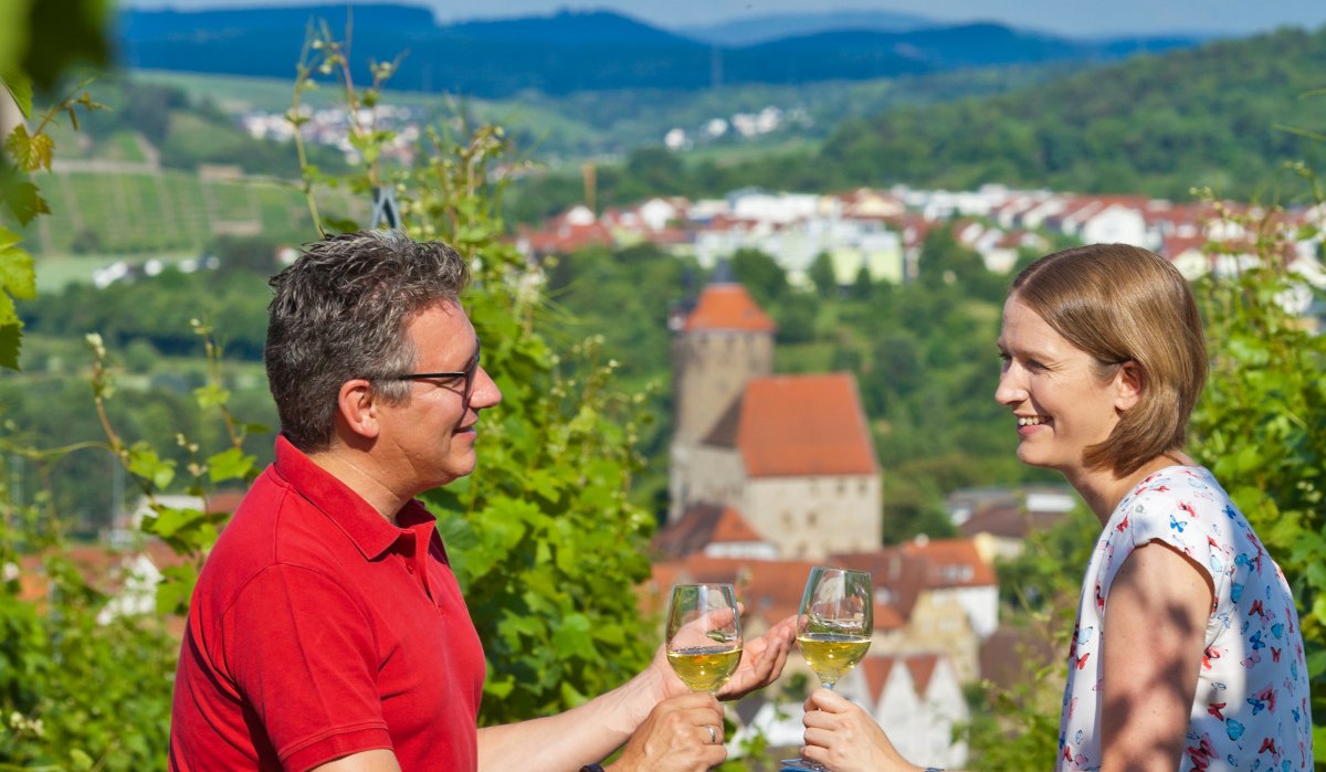 Zwei Personen sitzen in einem Weinberg und stoßen mit Weingläsern an. Im Hintergrund ist die Stadt Besigheim mit ihren Gebäuden und Türmen zu sehen., © Boris Lehner
