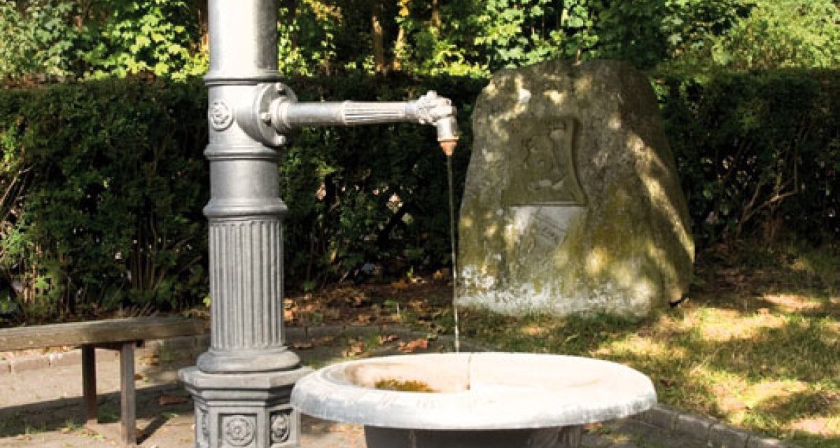 Ein dekorativer Brunnen mit flie&szlig;endem Wasser im Freien, umgeben von B&auml;umen und einem Stein im Hintergrund., &copy; Stadt Sachsenheim