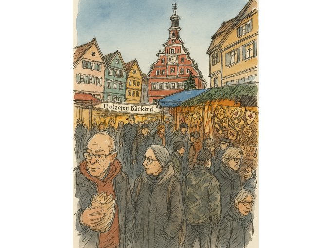 Illustration eines belebten Marktplatzes mit Fachwerkhäusern und Menschen. Ein Stand mit der Aufschrift 'Holzofen Bäckerei' ist zu sehen., © Esslinger Stadtmarketing & Tourismus GmbH Illustration eines belebten Marktplatzes mit Fachwerkhäusern und Menschen. Ein Stand mit der Aufschrift 'Holzofen Bäckerei' ist zu sehen., © Esslinger Stadtmarketing & Tourismus GmbH