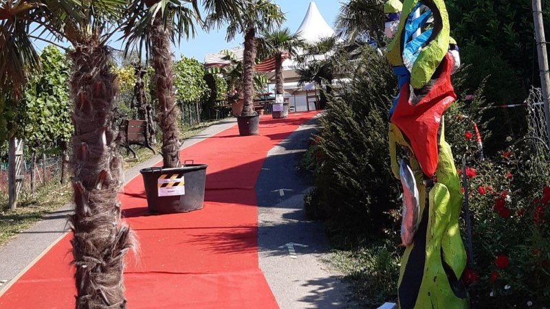 Ein roter Teppich führt durch eine Allee mit Palmen und bunten Skulpturen. Blumen säumen den Weg unter einem klaren blauen Himmel., © Weingut Bayer Ein roter Teppich führt durch eine Allee mit Palmen und bunten Skulpturen. Blumen säumen den Weg unter einem klaren blauen Himmel., © Weingut Bayer