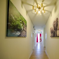 Ein heller Hotelkorridor mit Holzboden, dekoriert mit Natur- und Elefantenbildern. Eine moderne Deckenleuchte und rote Vorhänge am Ende des Flurs., © Hotel Ri