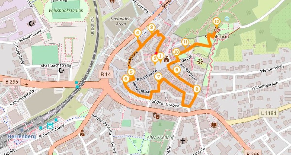 Karte von Herrenberg mit einer markierten Route für eine Stadttour. Die Route führt durch verschiedene Straßen und Sehenswürdigkeiten der Stadt. Karte von Herrenberg mit einer markierten Route für eine Stadttour. Die Route führt durch verschiedene Straßen und Sehenswürdigkeiten der Stadt.