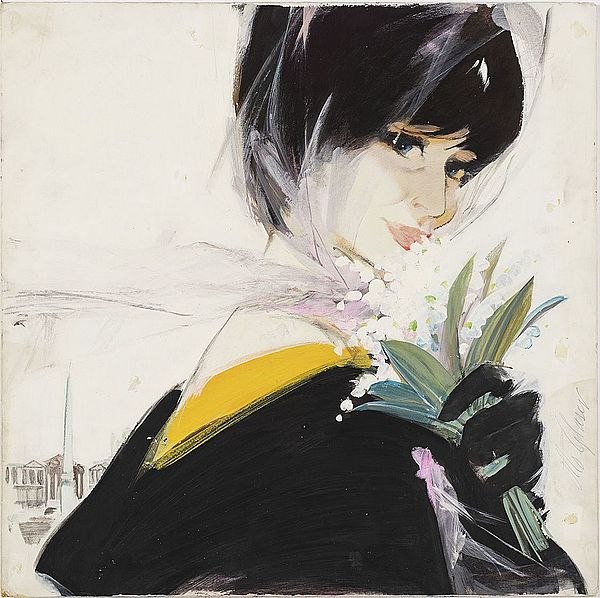 Otto Glaser, Dame mit Maiglöckchenstrauß, Originalentwurf für Salamander Werbung, 1960er Jahre, Gouache auf Papier, 50 x 50 cm. Fotograf: Frank Kleinbach., © Stadt Kornwestheim Otto Glaser, Dame mit Maiglöckchenstrauß, Originalentwurf für Salamander Werbung, 1960er Jahre, Gouache auf Papier, 50 x 50 cm. Fotograf: Frank Kleinbach., © Stadt Kornwestheim