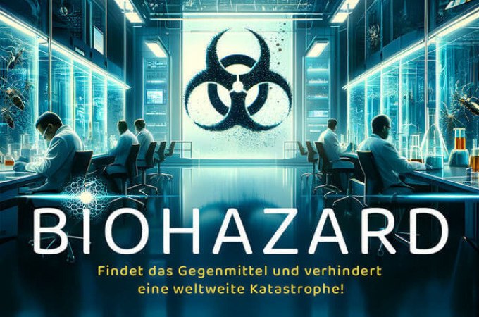 Labor mit Wissenschaftlern, die an Tischen arbeiten. Ein großes Biohazard-Symbol ist an der Wand zu sehen. Text: "BIOHAZARD - Findet das Gegenmittel und verhindert eine weltweite Katastrophe!", © TeamEscape Stuttgart Labor mit Wissenschaftlern, die an Tischen arbeiten. Ein großes Biohazard-Symbol ist an der Wand zu sehen. Text: "BIOHAZARD - Findet das Gegenmittel und verhindert eine weltweite Katastrophe!", © TeamEscape Stuttgart