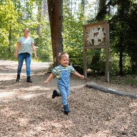 Ein Kind rennt lachend auf einem Waldweg, w&auml;hrend zwei Erwachsene ihm folgen. Im Hintergrund steht ein Informationsschild., &copy; Stadtmarketing Weil der Stadt