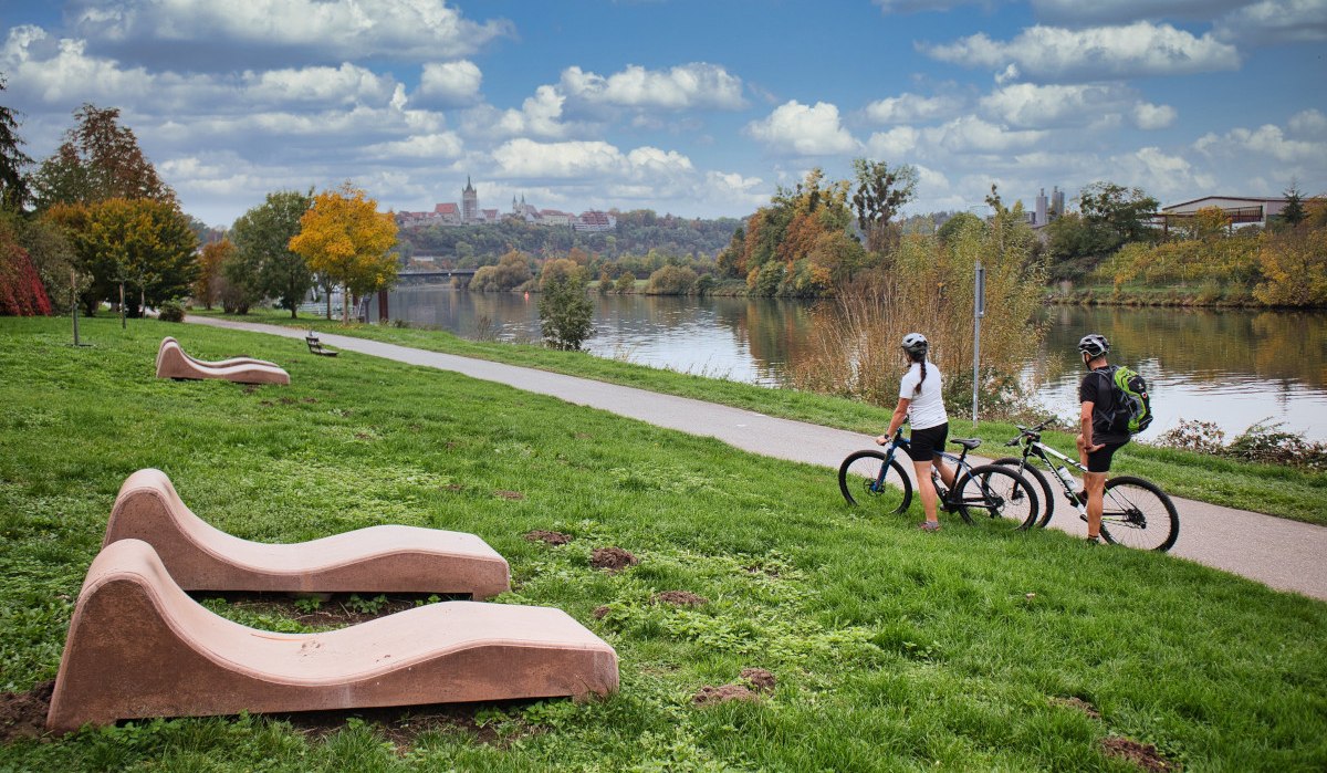 Zwei Radfahrer auf einem Weg am Neckartal-Radweg bei Bad Wimpfen, umgeben von grüner Landschaft und Fluss. Im Hintergrund ist die Stadt sichtbar., © Geschäftsstelle Neckartal-Radweg Adrian Weng Zwei Radfahrer auf einem Weg am Neckartal-Radweg bei Bad Wimpfen, umgeben von grüner Landschaft und Fluss. Im Hintergrund ist die Stadt sichtbar., © Geschäftsstelle Neckartal-Radweg Adrian Weng