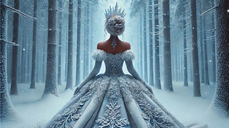 Eine Frau in einem aufwendig verzierten, eisblauen Kleid steht in einem verschneiten Wald. Sie trägt eine Krone und ist von Bäumen umgeben., © Stadt Kornwestheim Kulturmanagement