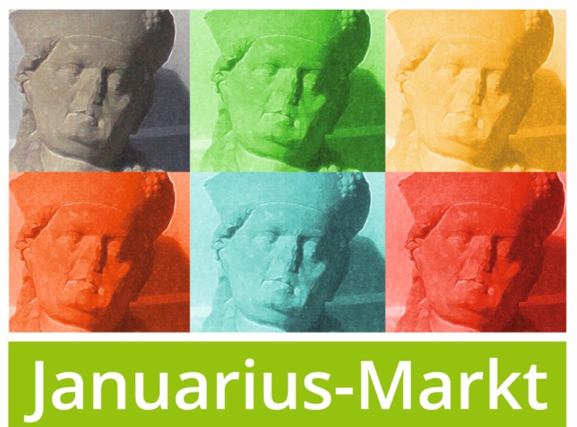 Pop-Art-Darstellung einer Statue in sechs Farben. Darunter der Text 'Januarius-Markt' auf grünem Hintergrund.