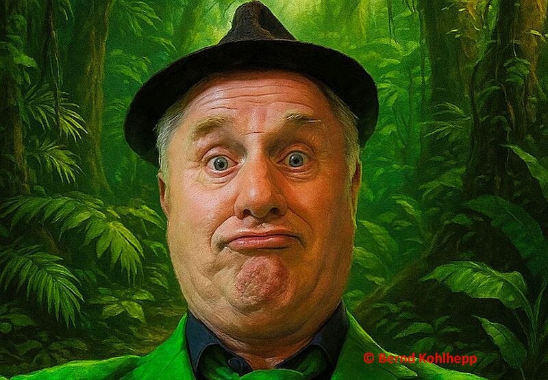 Ein Mann mit Hut zieht eine lustige Grimasse vor einem grünen Dschungelhintergrund. Sein Gesichtsausdruck ist humorvoll und übertrieben., © Stadthalle Leonberg Ein Mann mit Hut zieht eine lustige Grimasse vor einem grünen Dschungelhintergrund. Sein Gesichtsausdruck ist humorvoll und übertrieben., © Stadthalle Leonberg