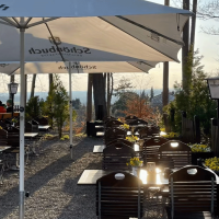 Ein ruhiger Biergarten mit Holztischen und Stühlen unter Sonnenschirmen, umgeben von Bäumen. Einige Gäste sitzen und genießen die Aussicht., © Schönbuch Waldbiergarten am Wasserturm Ein ruhiger Biergarten mit Holztischen und Stühlen unter Sonnenschirmen, umgeben von Bäumen. Einige Gäste sitzen und genießen die Aussicht., © Schönbuch Waldbiergarten am Wasserturm