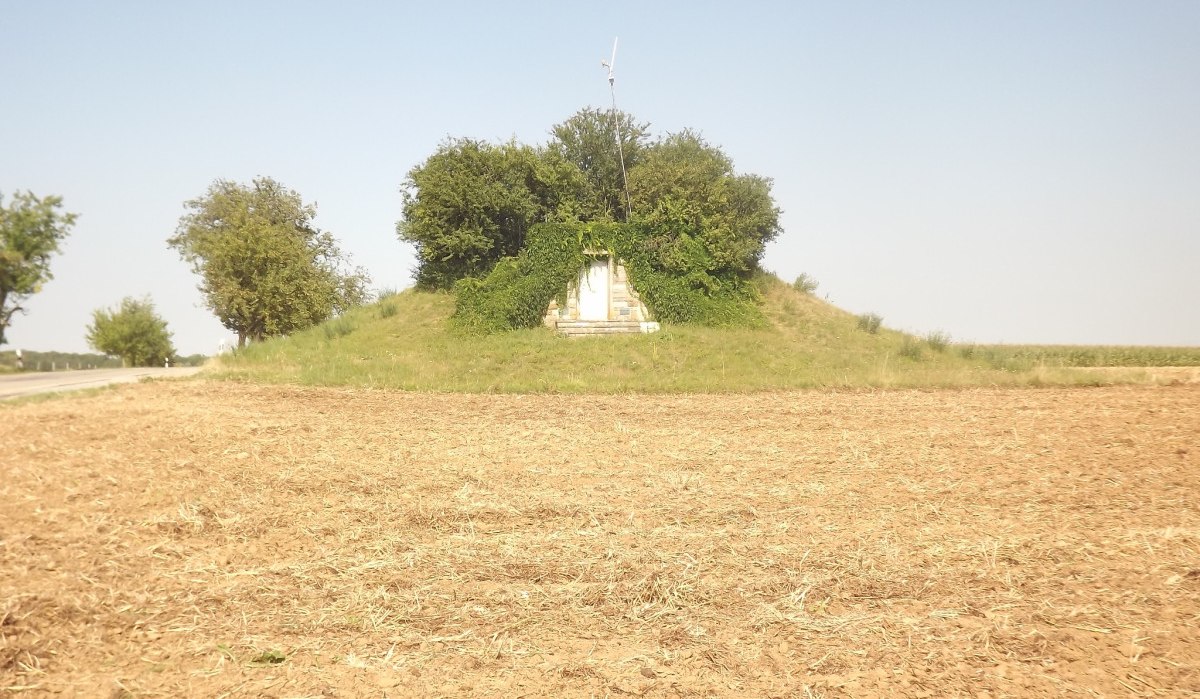Ein grasbewachsener Hügel mit einem kleinen, überwucherten Gebäude und Bäumen, umgeben von einem Feld., © Natur.Nah. Schönbuch & Heckengäu Ein grasbewachsener Hügel mit einem kleinen, überwucherten Gebäude und Bäumen, umgeben von einem Feld., © Natur.Nah. Schönbuch & Heckengäu