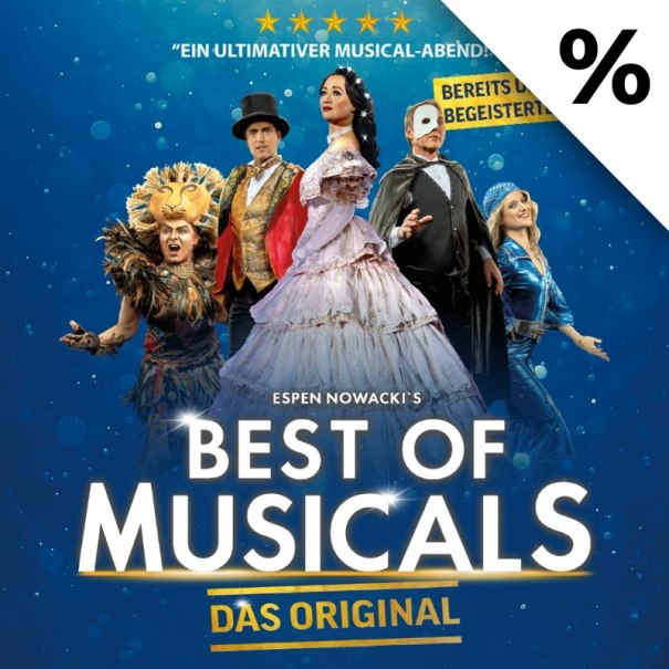 Plakat für 'Best of Musicals' mit Figuren aus bekannten Musicals vor einem blauen Hintergrund. Der Text verspricht einen ultimativen Musical-Abend., © Livemacher GmbH Plakat für 'Best of Musicals' mit Figuren aus bekannten Musicals vor einem blauen Hintergrund. Der Text verspricht einen ultimativen Musical-Abend., © Livemacher GmbH