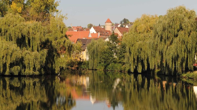 Der Haspelturm ragt über die Dächer einer Stadt, umgeben von üppigen Bäumen, die sich im ruhigen Wasser eines Flusses spiegeln., © Stadt Vaihingen an der Enz Der Haspelturm ragt über die Dächer einer Stadt, umgeben von üppigen Bäumen, die sich im ruhigen Wasser eines Flusses spiegeln., © Stadt Vaihingen an der Enz