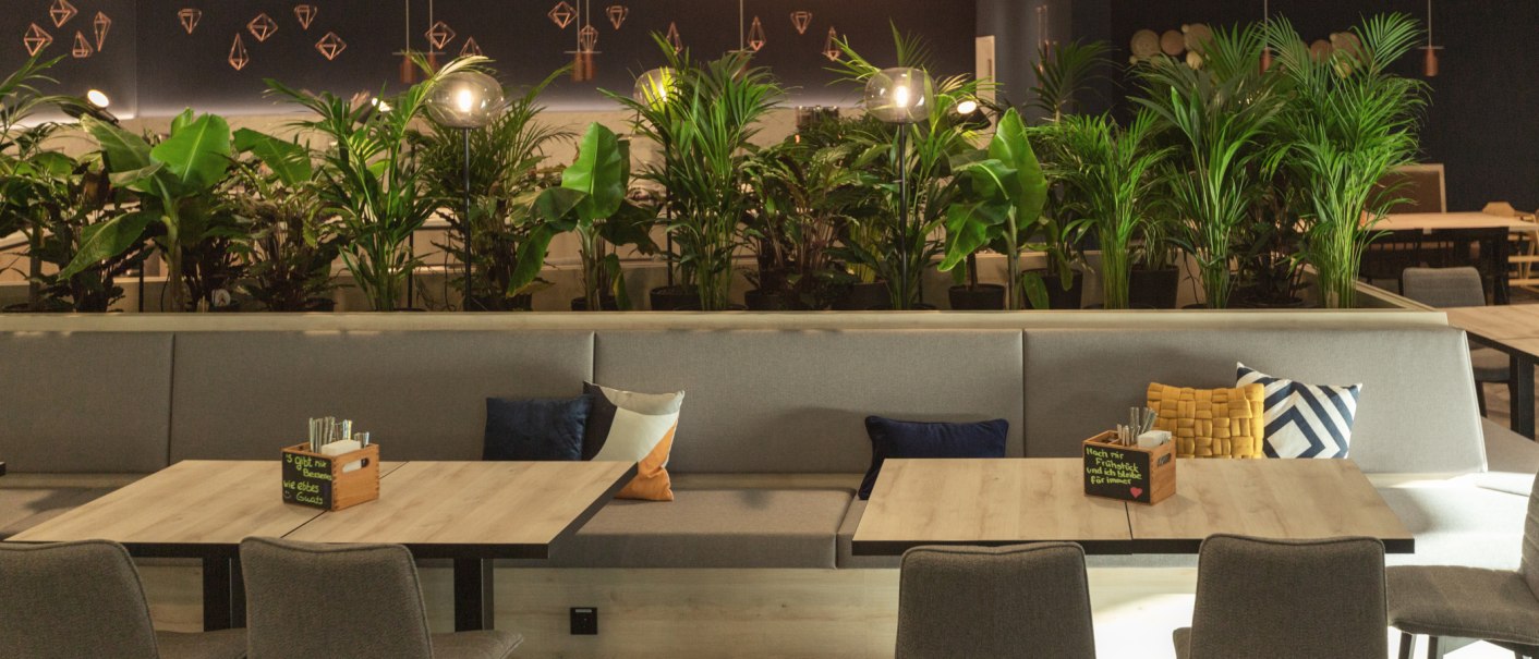 Moderner Frühstücksraum mit grauen Sitzbänken, Holztischen und grünen Pflanzen als Raumteiler. Dekorative Kissen und dezente Beleuchtung., © the niu Kettle - Novum Hospitality