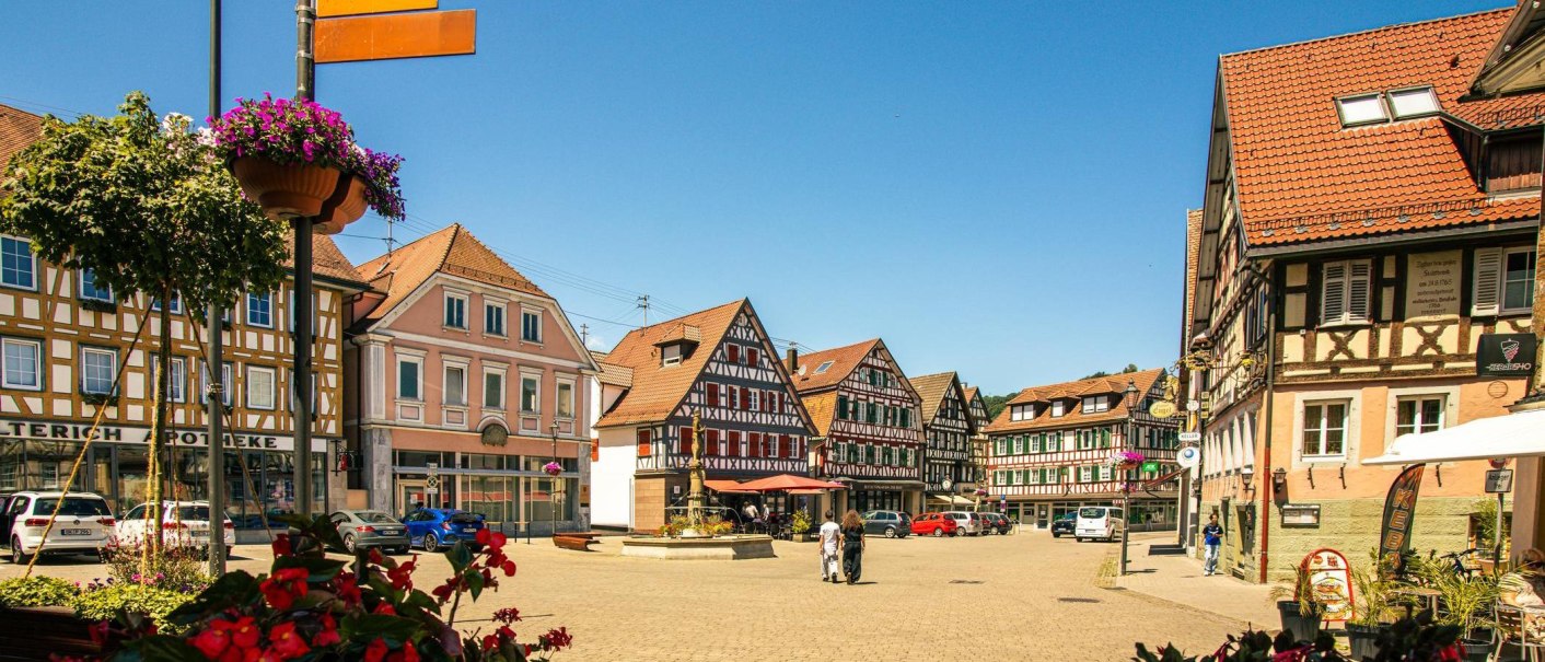 Der Marktplatz in Murrhardt zeigt malerische Fachwerkhäuser und einen zentralen Brunnen unter blauem Himmel. Blumen schmücken den Platz., © Stuttgart-Marketing GmbH, Sarah Schmid