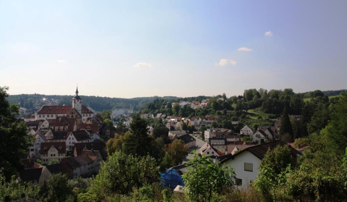 Panoramablick auf eine Stadt mit einer Kirche im Zentrum, umgeben von Häusern und grünen Hügeln unter klarem Himmel., © Natur.Nah. Schönbuch & Heckengäu Panoramablick auf eine Stadt mit einer Kirche im Zentrum, umgeben von Häusern und grünen Hügeln unter klarem Himmel., © Natur.Nah. Schönbuch & Heckengäu
