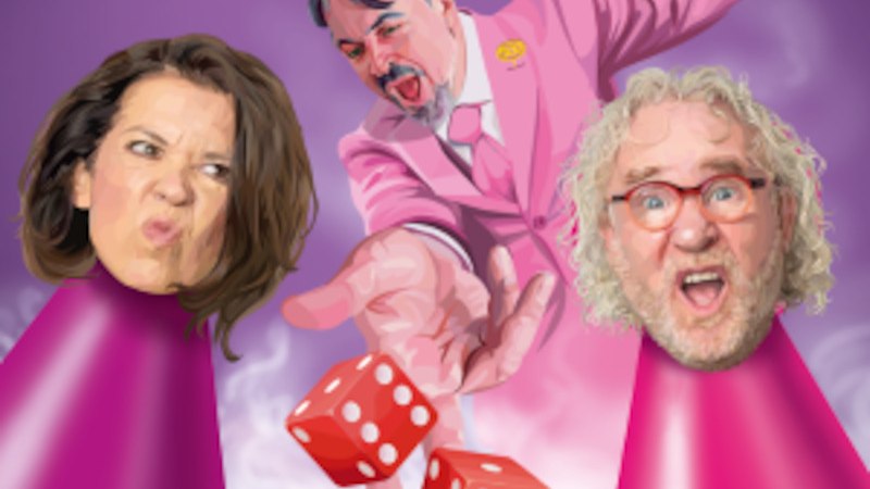 Illustration mit drei Personen: Zwei K&ouml;pfe auf rosa Kegeln und eine Person im rosa Anzug, die W&uuml;rfel wirft. Hintergrund in Lila gehalten., &copy; Stadtverwaltung Remseck am Neckar